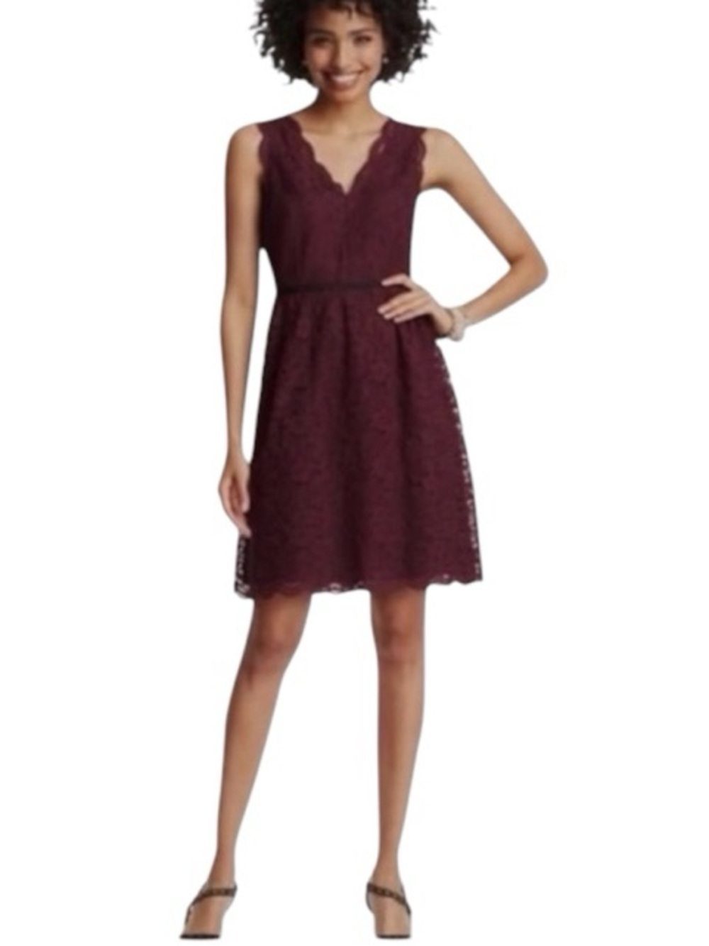 LOFT Burgundy Lace A-Line Dress with Black Waist Trim